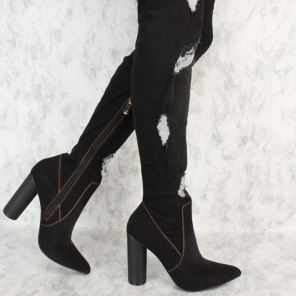 distressed denim thigh high boots